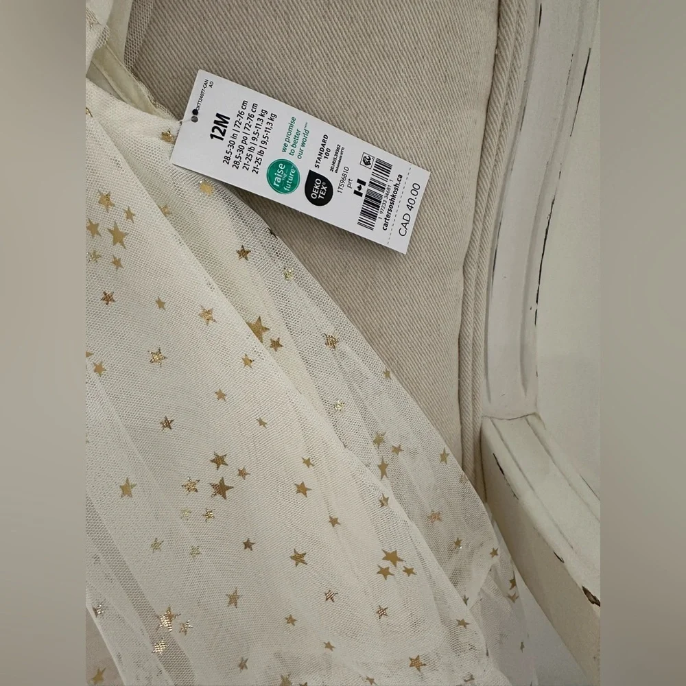 🦢 12 Mth Oshkosh Ivory Tulle Fancy Dress with Gold Star Details NWT - Picture 11 of 14